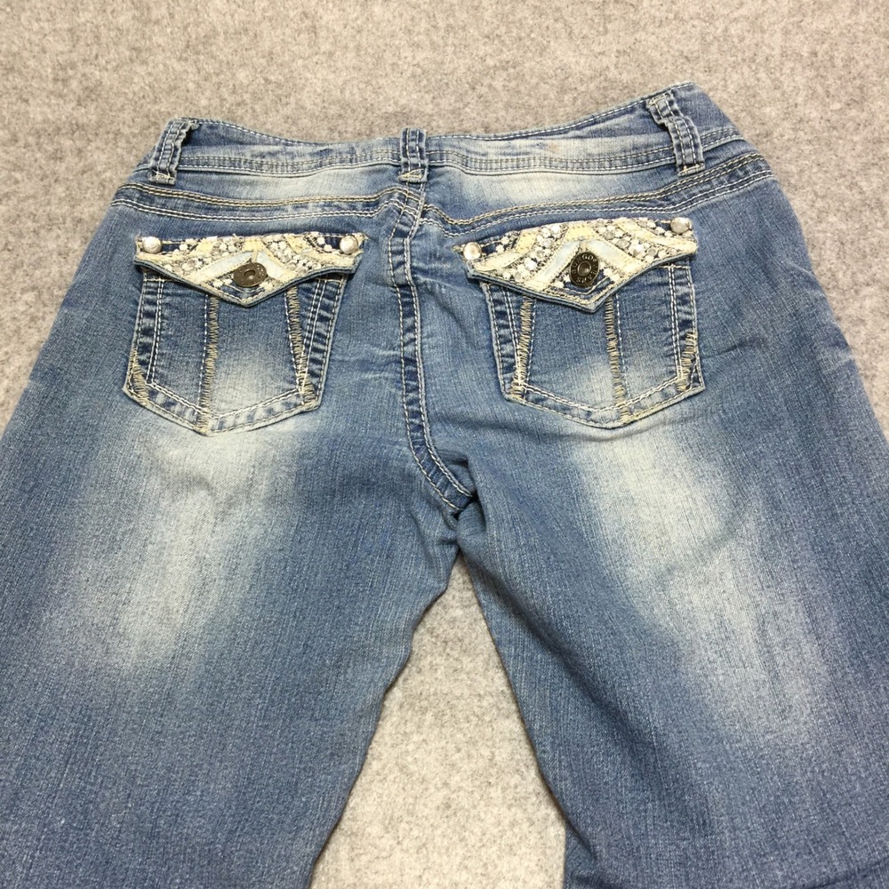 Bongo Womens Low Rise Flare Jeans Medium Wash Embellished Pockets Size 5 - Picture 4 of 8